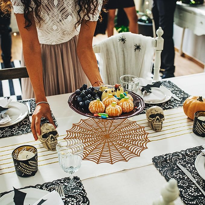 Sfcddtlg 6 Pcs Halloween Spider Web Placemats- 15"" Heat Insulation Halloween Placemats Spider Web Table Mats- Hollow Out Spiderweb Coasters Placemat for Dining Table Halloween Decoration (Brown)