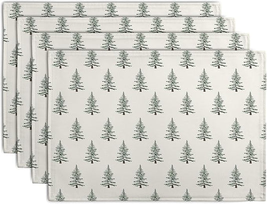 Pine Trees Christmas Placemats Set of 4 Xmas Tree Vintage Rustic Print Place Mats Winter Holiday Green White Farmhouse Linen Table Mats for Indoor Outdoor Kitchen Dining Party Decor