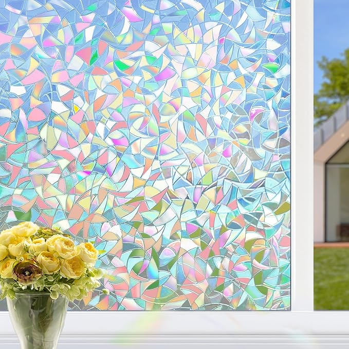 HIDBEA Window Privacy Film Static Clings, Rainbow Window Film, 3D Decals Non-Adhesive Window Vinyl Film for Home Door, 23.6 Inch x 13.1 Feet