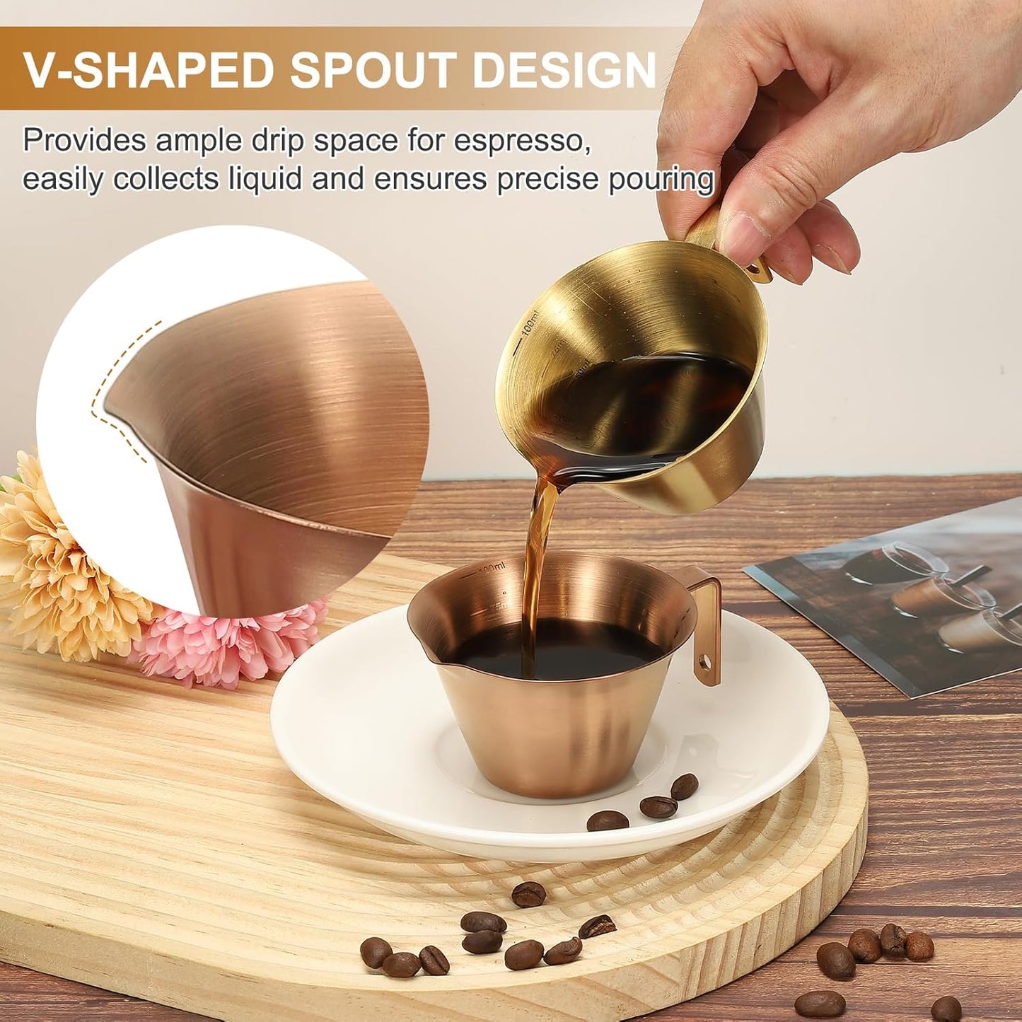 uxcell 1 Pcs Stainless Steel Espresso Cup with Handle, V-Shaped Mouth Espresso Measuring Cup with Scale for Preparing Coffee, Cocktails, 3.4OZ/100ML (Gold)