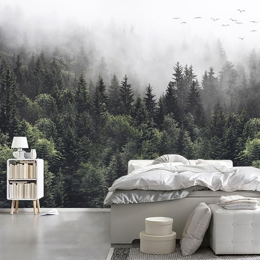 WFBHUA-Foggy Forest Woodland Wallpaper Green Nature Landscapes Wall Murals for Bedroom Living Room(Not Peel and Stick)