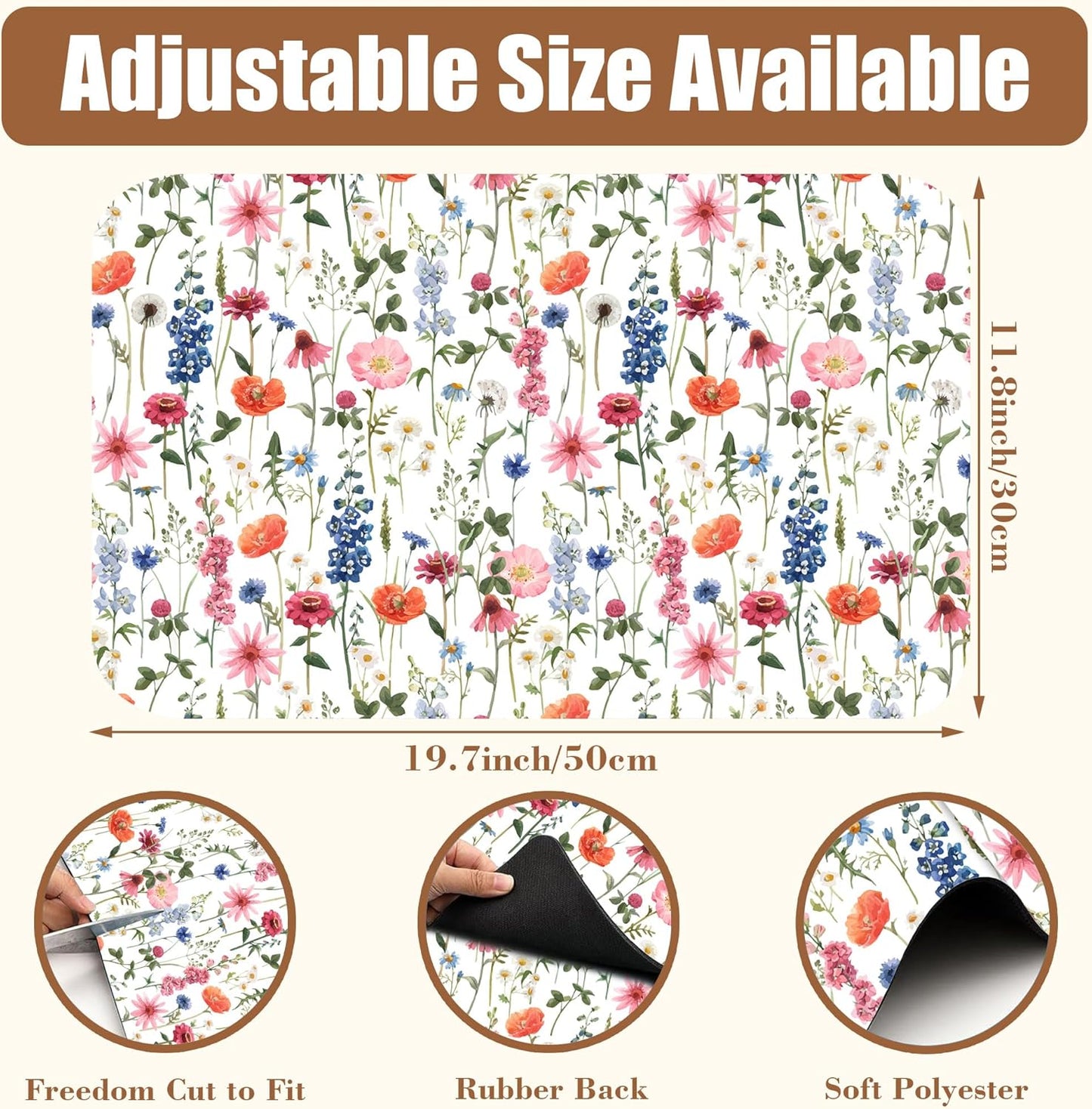 Watercolor Flowers Coffee Mat Absorbent Dish Drying Mat for Kitchen Counter Hide Stain Rubber Backed Coffee Bar Accessories Fit Under Espresso Machine Dish Rack 11.8 x 19.7 Inch