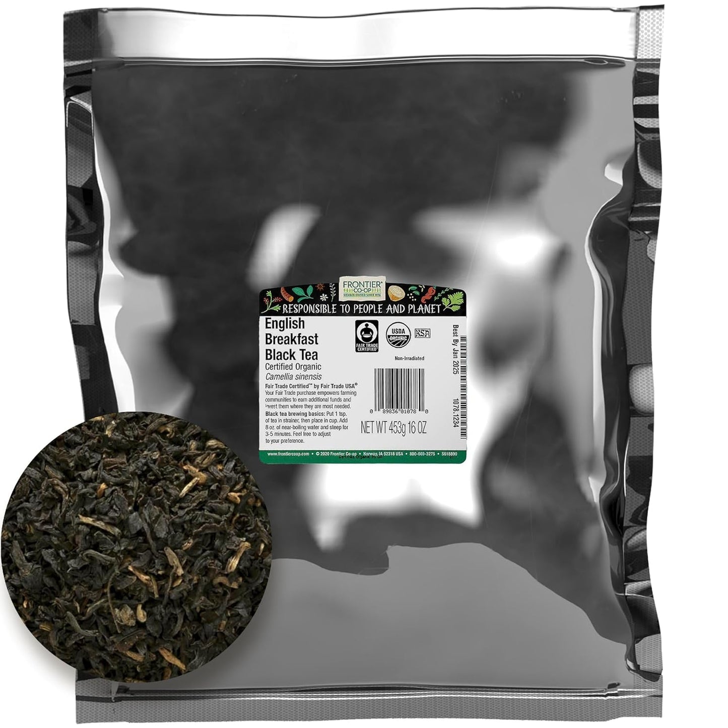 Frontier Co-op English Breakfast Black Tea, 1-Pound Bulk, Full, Robust, Malty Flavor, Kosher, Organic, Non ETO