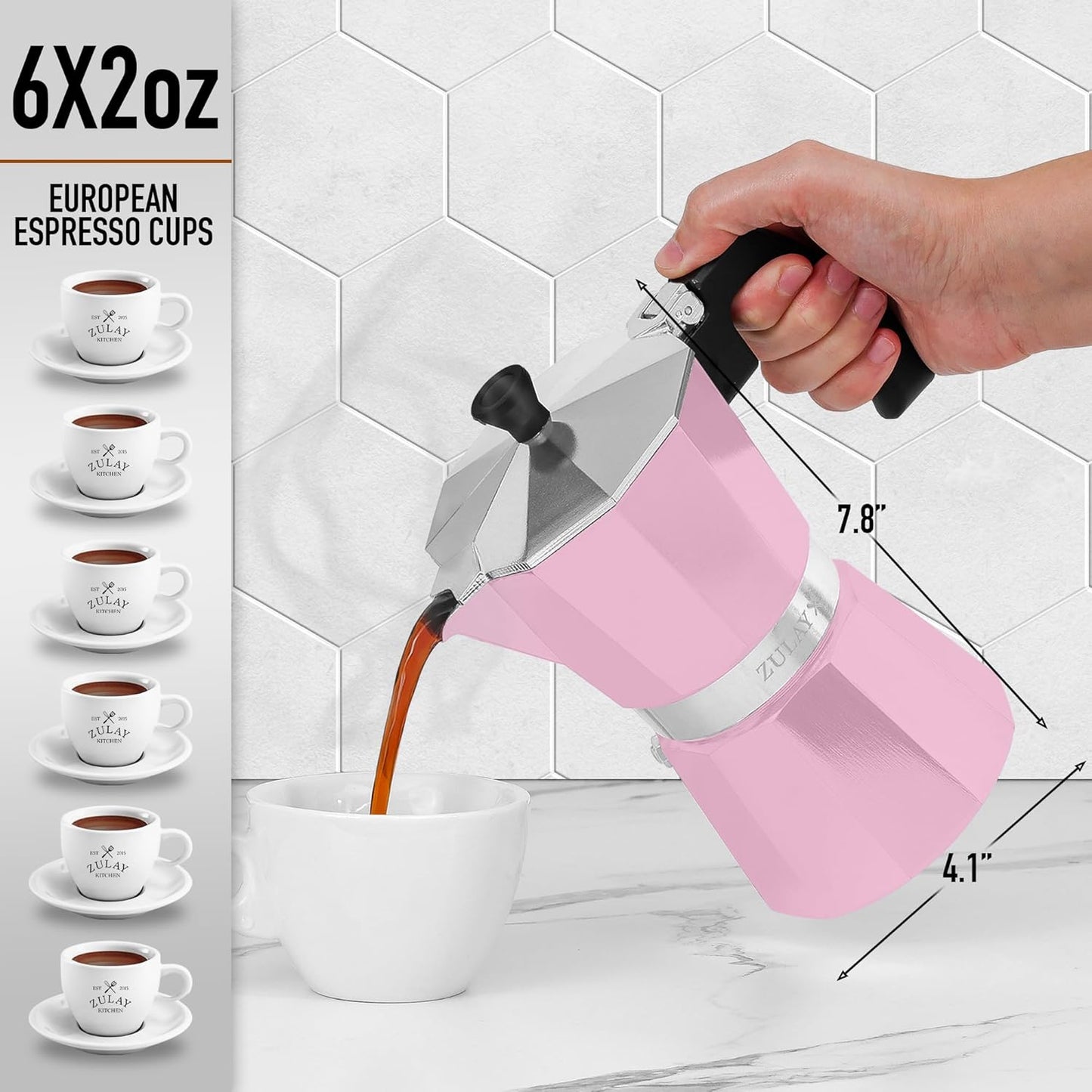 Zulay Moka Pot Espresso Stovetop Coffee Maker - Leak-Proof, Stainless Steel, Easy to Clean, Heat Resistant Handle & Knob - for Authentic Cuban & Italian Style Espresso - Makes 6 Espresso Cups - Pink