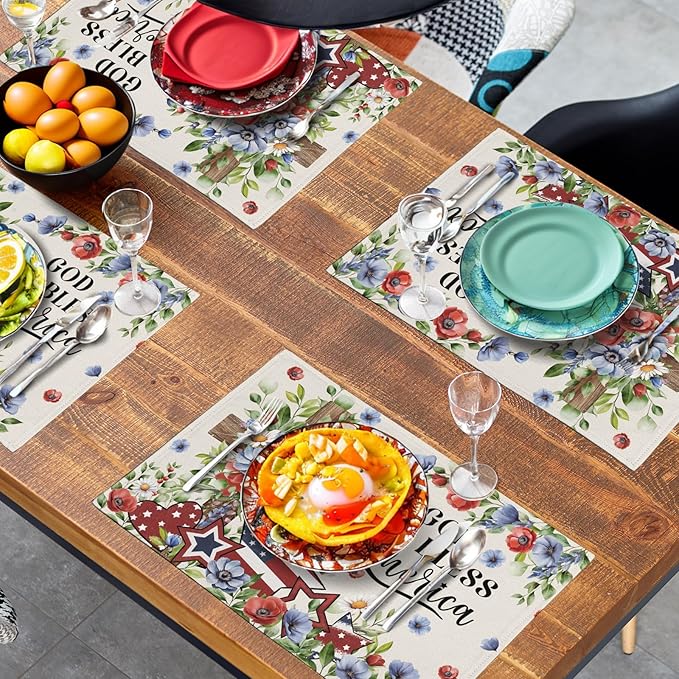4th of July Placemats Set of 4 Patriotic Floral Cross Stars Independence Memorial Day Place Mats 12x18 Inch God Bless America Linen Fabric Table Mats for Party Kitchen Dining Decoration