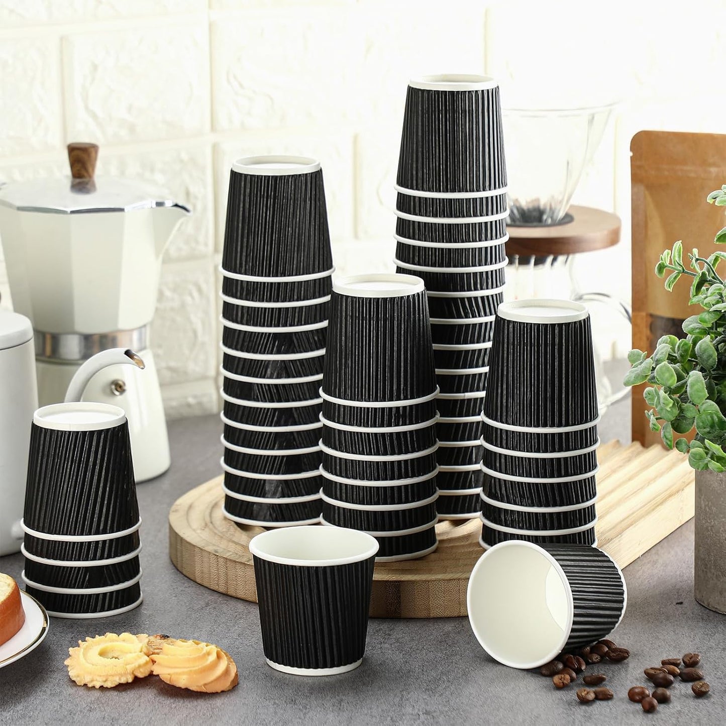 Yaomiao 200 Pcs 4 oz Disposable Espresso Coffee Cups Ripple Corrugated Paper Insulated Hot Cups for Party Cold Drinks Hot Beverage Tea(Black)