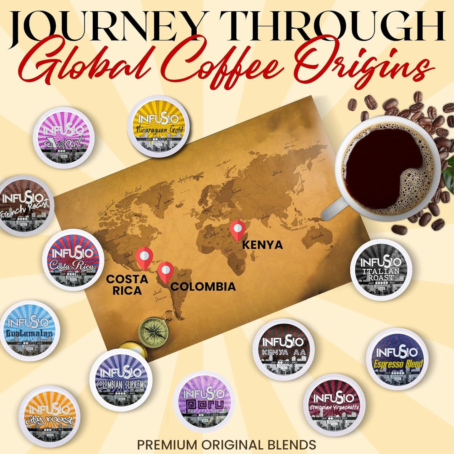 InfuSio Coffee Pods – 96 Count, Espresso Roast (Dark Roast Coffee) Single Serve Coffee Pods for Keurig K Cup® Brewers, Compatible with Keurig 2.0 Brewers