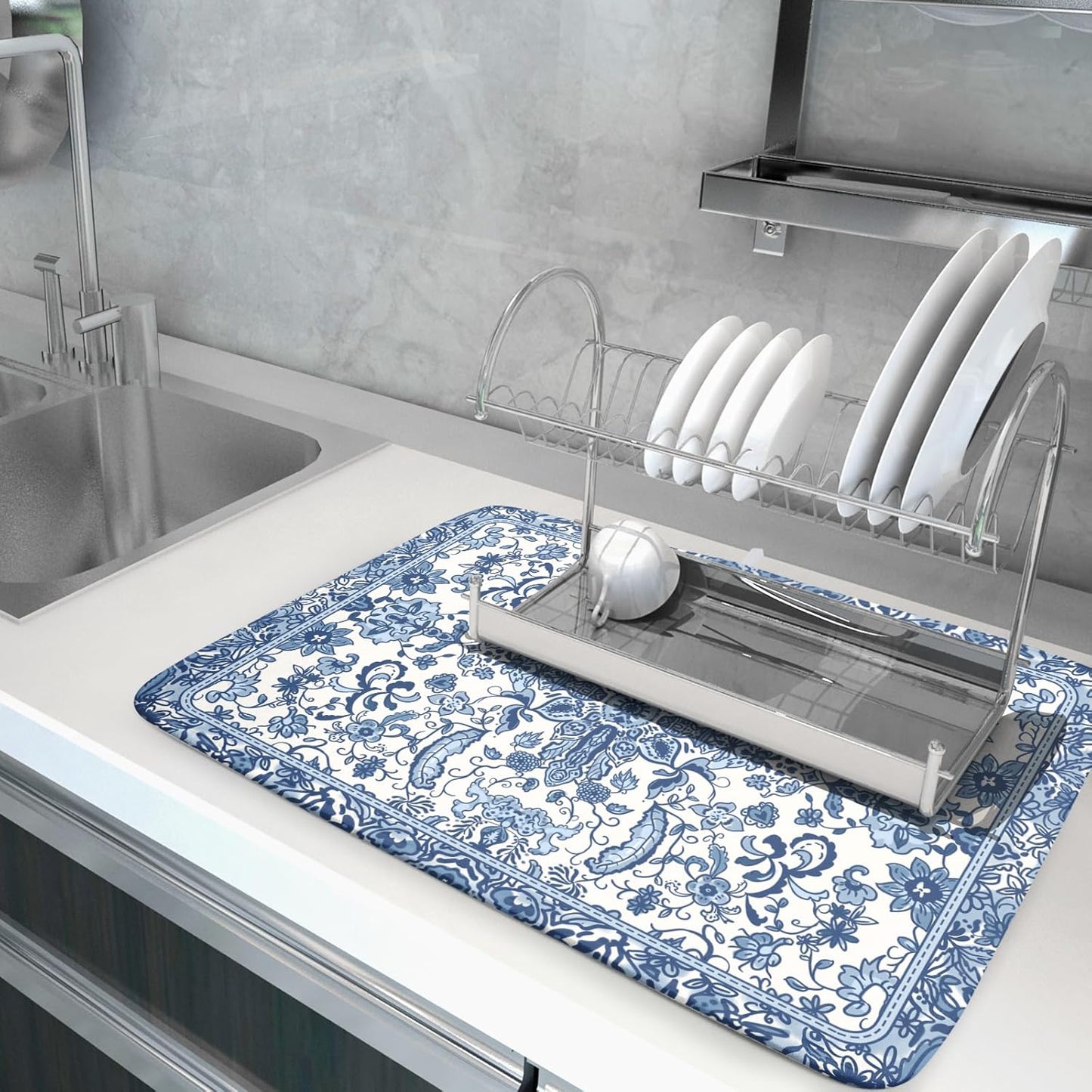 Chinoiserie Floral Dish Drying Mat for Kitchen Counter Blue and White Flowers Pattern Dish Drying Pad 18”x24”Absorbent Reversible Seasonal Decor Dishes Drainer Pad Dish Dry Rack Mat for Counter top