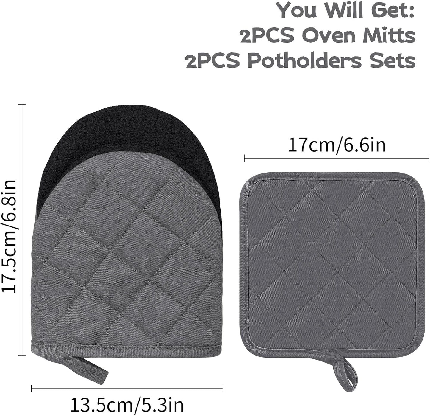 Oven Mitts and Pot Holders Set, Pack of 4, Heat Resistant Silicone Kitchen Mini Oven Mittens for 500 Degrees, Mini Oven Gloves and Hot Pads for Baking Grilling Barbecue Microwave Machine Washable