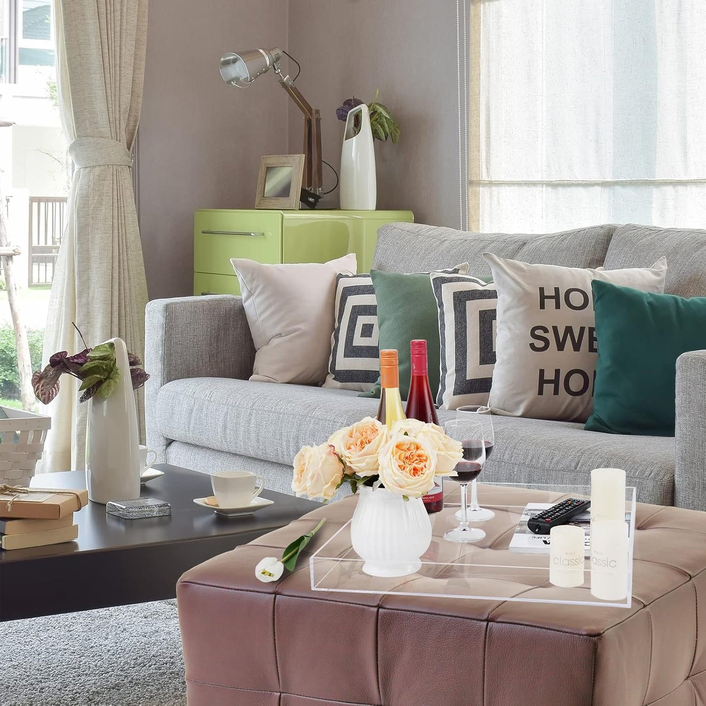 18×18 Inches Clear Acrylic Serving Tray with Handles Extra Large Ottoman Tray Decorative Trays Spill-Proof Coffee Table Space Saver Oversize Counter top Organizer Platter with Safe Edge