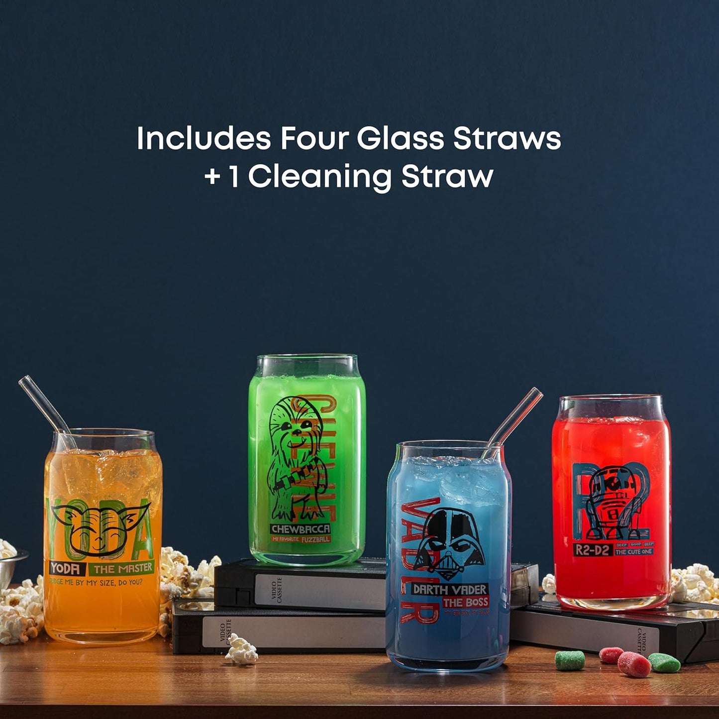 JoyJolt Star Wars Now Playing Collection Tumblers, 16.9oz Classic Can Shape Glass Tumbler Set of 4 w/Glass Straws