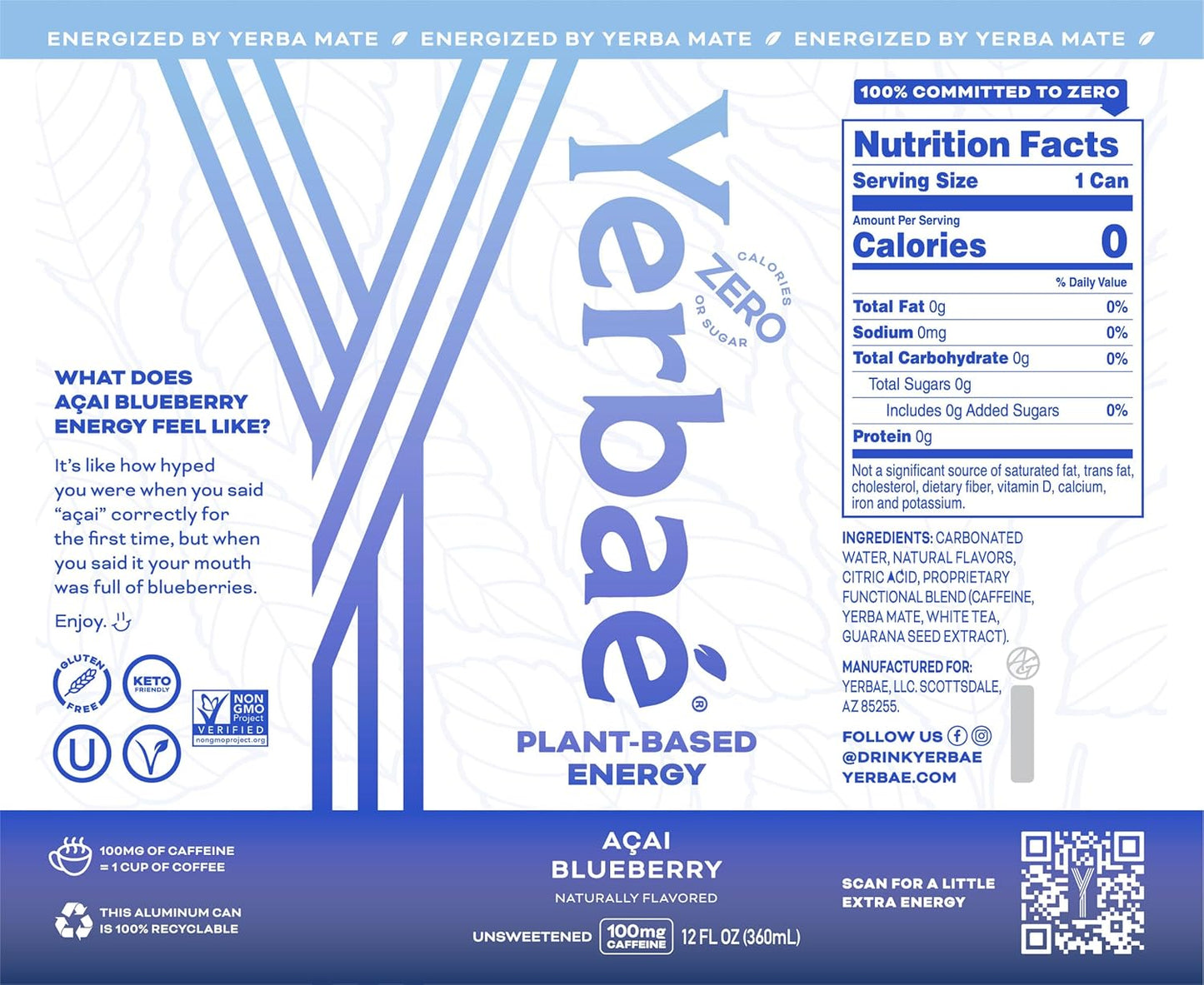 Yerbaé Energy Seltzer - Variety Tropical Pack, No Sugar/Calories/Carbs. Energized by Yerba Mate, Naturally Caffeinated & Plant-Based, Healthy Alternative to Coffee/Sugary Sodas, Pack of 12, 12oz cans