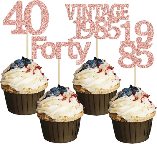 Gyufise 24Pcs Happy 40th Birthday Cupcake Toppers Glitter Forty 40 Fabulous Vintage 1985 Cake Toppers for 40th Birthday Wedding Anniversary Party Cake Decorations Supplies Rose Gold
