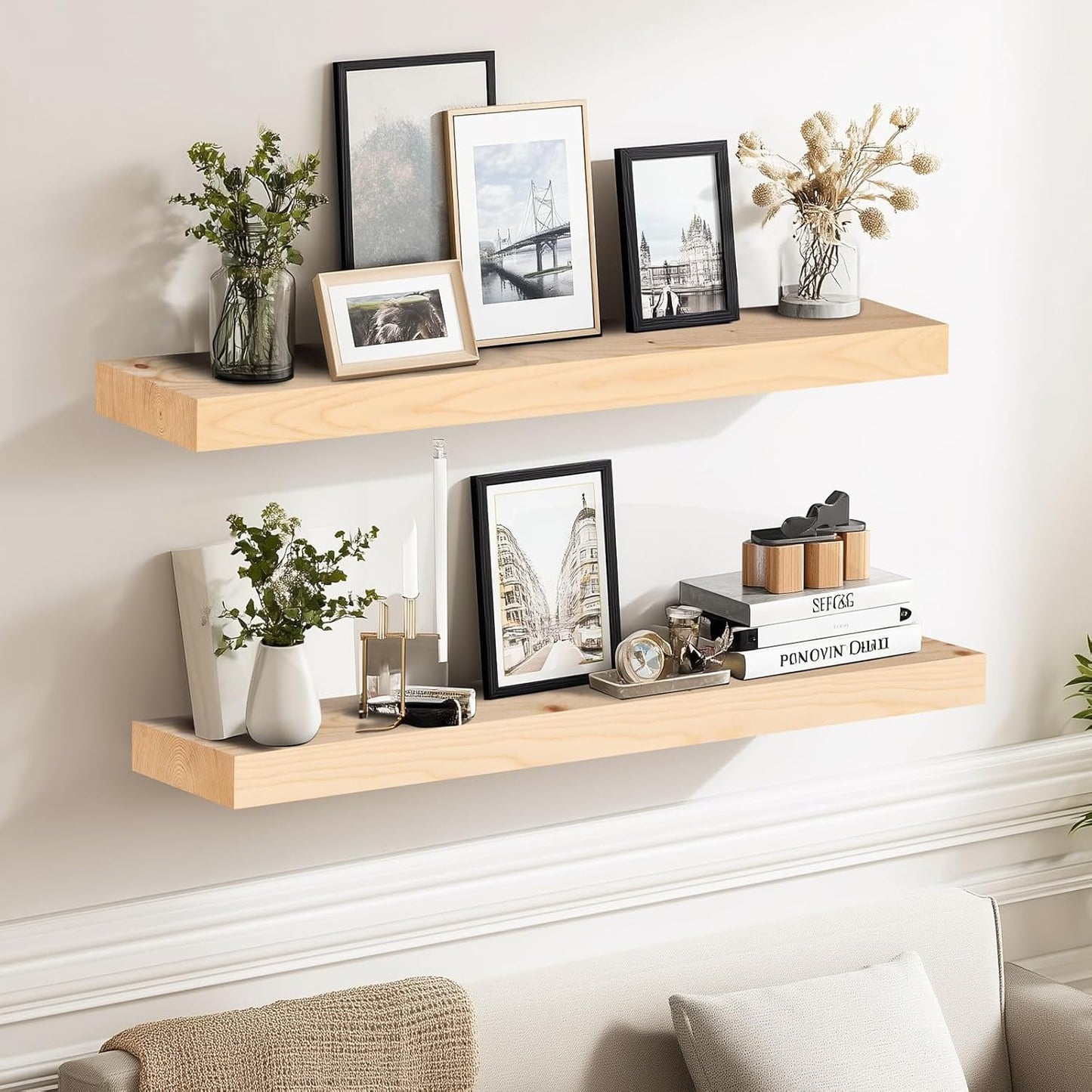 24x8x1.6 inch Floating Shelves Set of 2 – Solid Wood Rustic Wood Wall Mounted Shelf for Kitchen, Bathroom, Living Room