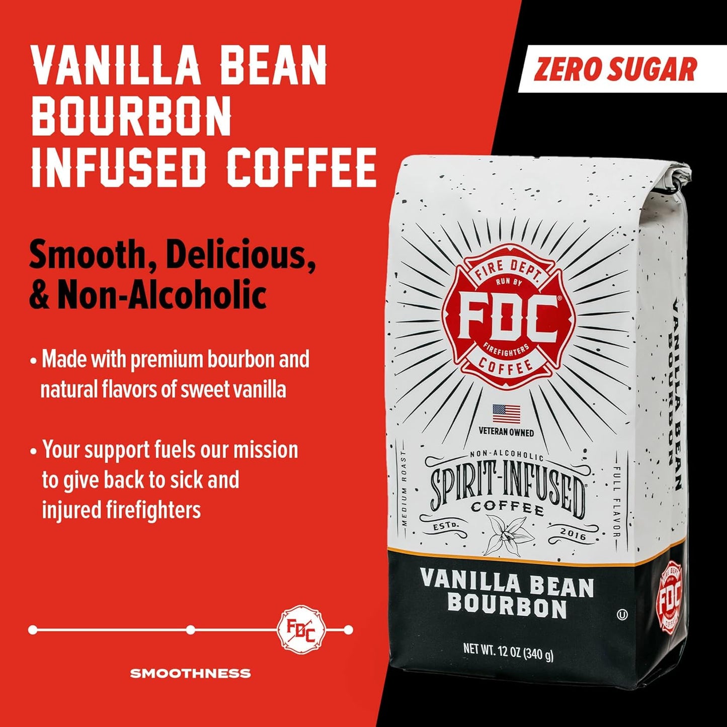 Fire Department Coffee - Vanilla Bourbon Coffee - Gives Back to Firefighters - Vanilla Bean Bourbon Infused Whole Bean - Non-Alcoholic - Roasted in the USA - Veteran Owned - 12 oz