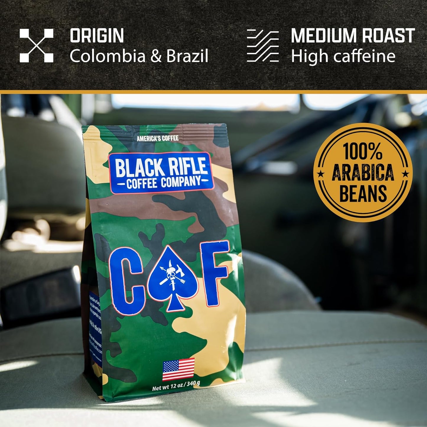 Black Rifle Coffee Company Ground Coffee Medium Roast - Roasted Blend Made from Pure Arabica Beans - Colombian & Brazilian Beans - Veteran Founded & American Made (CAF, 12oz Bag)