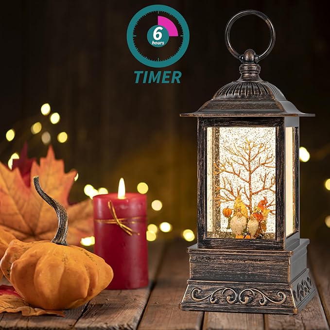 Fall Snow Globe Gnome Lantern, Glitter Lighted Snow Globes Fall Decorations for Home, Light Up Snowglobe Fall Décor