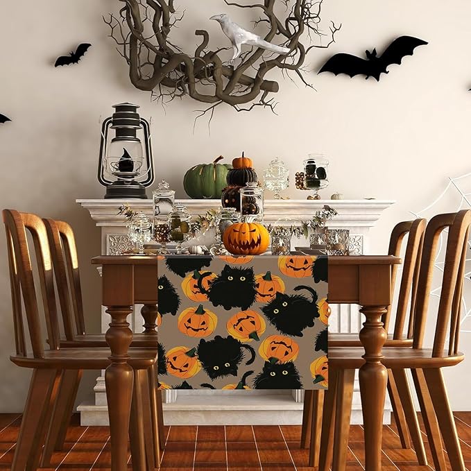 Halloween Table Runner Black Cat Pumpkins Seasonal Kitchen Dining Table Home Outdoor Party Decorations 13x36 Inch