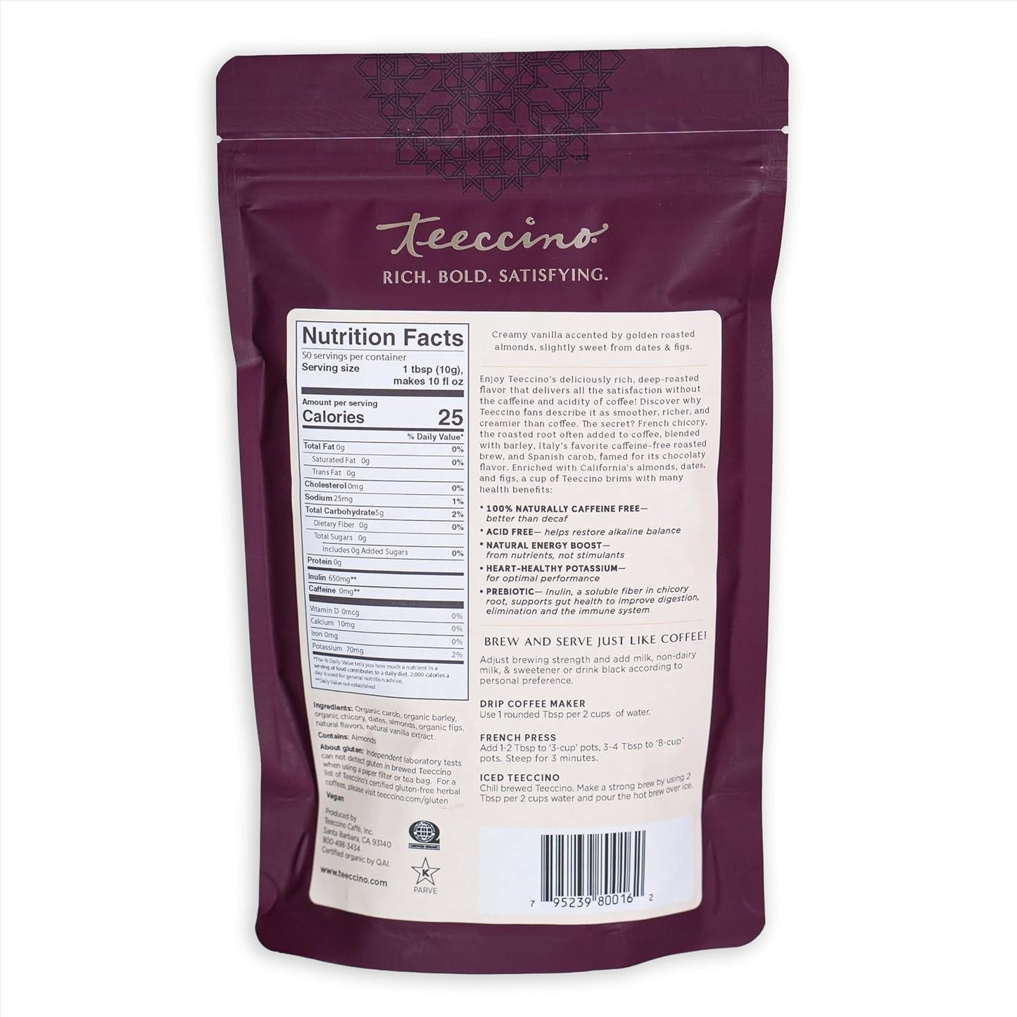 Teeccino Vanilla Nut Chicory Coffee Alternative, 1.1 Pound - Ground Herbal Coffee That’s Prebiotic, Caffeine Free & Acid Free, Medium Roast