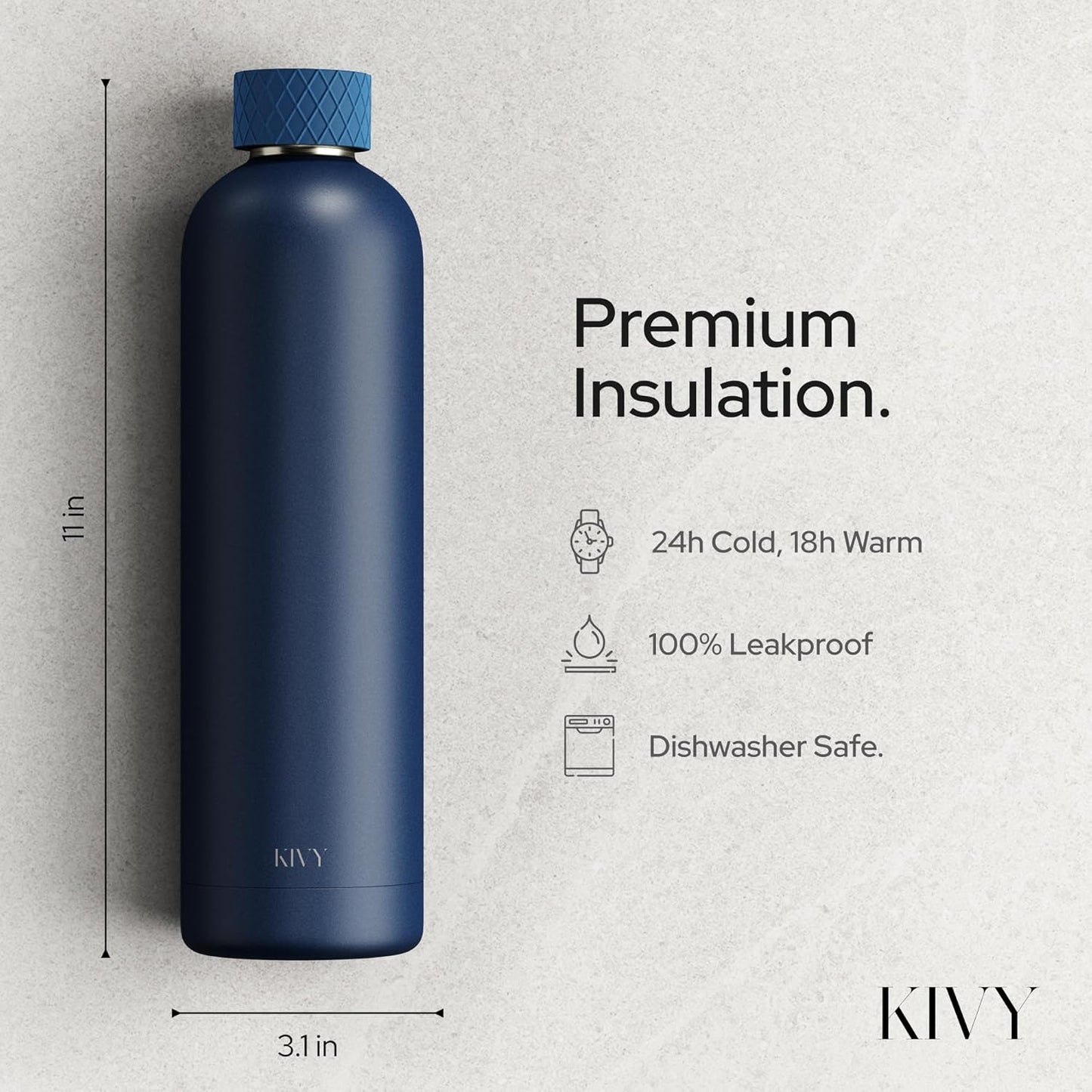 KIVY Insulated Water Bottle (Dark Blue, 33.8 Ounces)