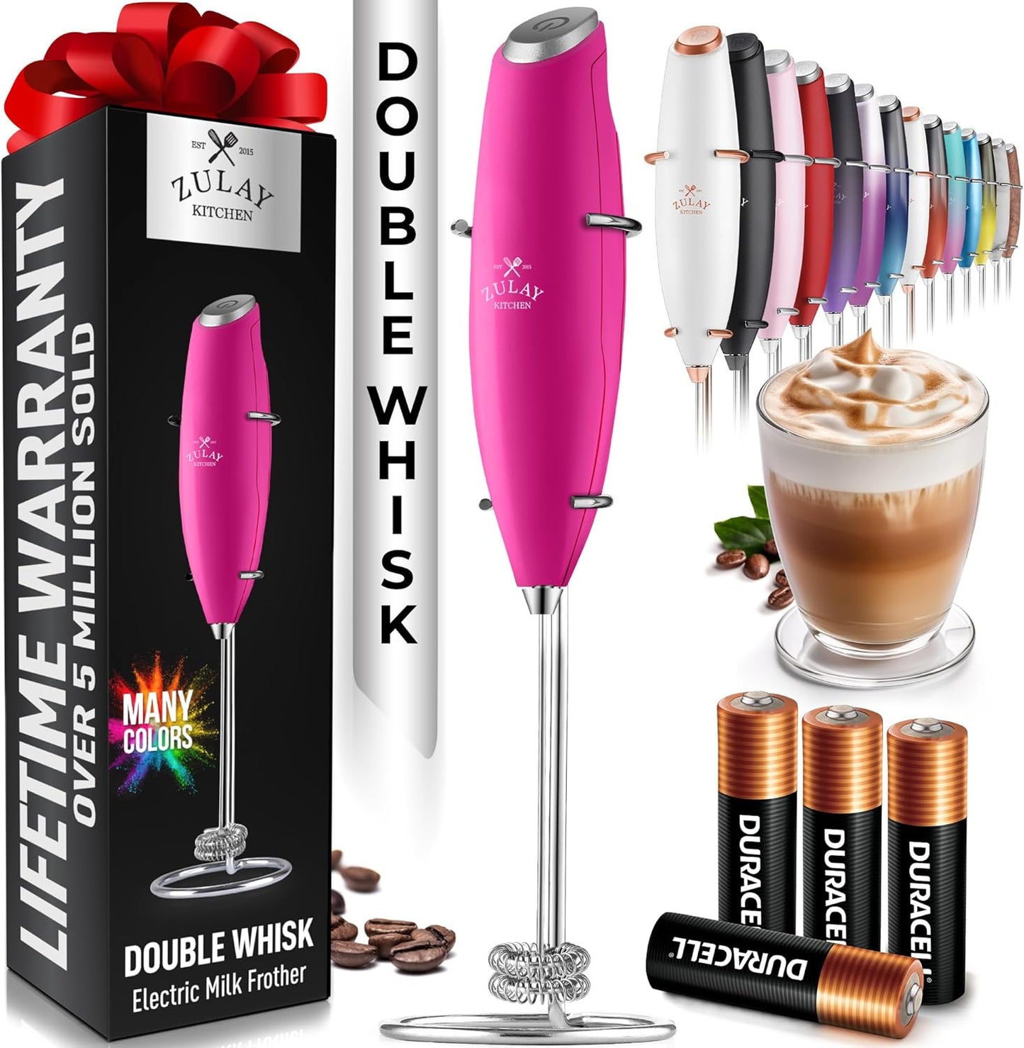 Zulay Kitchen Whisk Milk Frother with 4 Duracell Batteries - Powerful Handheld Foam Maker for Coffee, Lattes, Matcha, Hot Chocolate & Cappuccinos - Whip Creamy Froth in Seconds