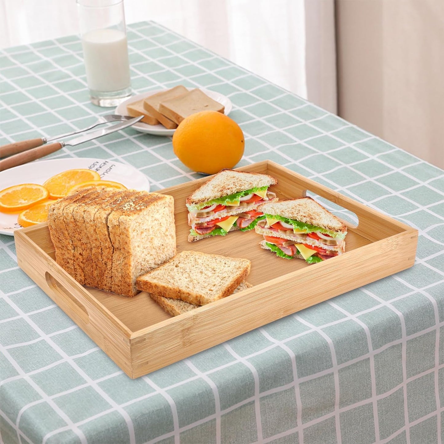 Bamboo Dinner Food Trays for Eating On Couch Party Platters for Serving Food Decorative Tray for Kitchen Counter Rectangle(16.5" Lx11.6''W and 15.5''Lx10.6''W)
