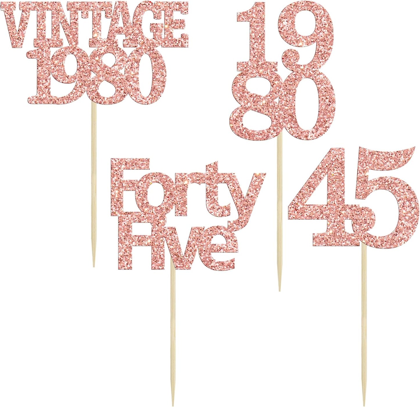 Gyufise 24Pcs 45th Birthday Cupcake Toppers Glitter Cheers to 45 Fabulous Forty Five Vintage 1980 Cupcake Picks 45th Birthday Wedding Anniversary Party Cake Decorations Supplies Rose Gold