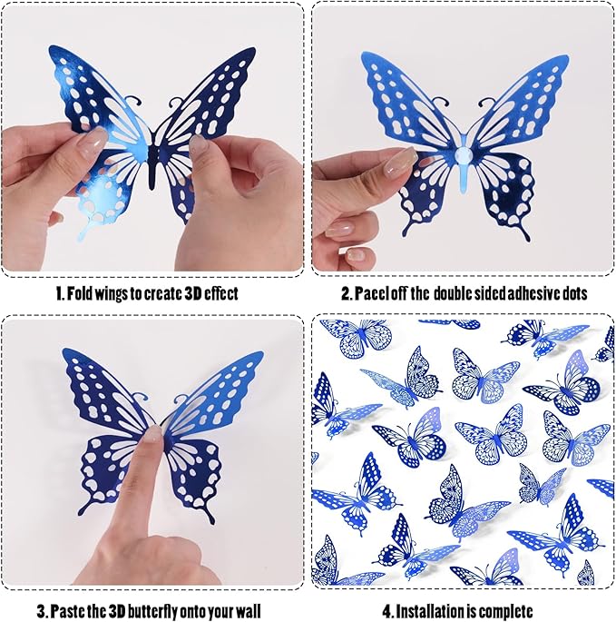 SAOROPEB Butterfly Wall Stickers, 48 Pcs 4 Styles 3 Sizes, Metallic Paper, Removable, Navy Blue, Art Deco Decor for Wall