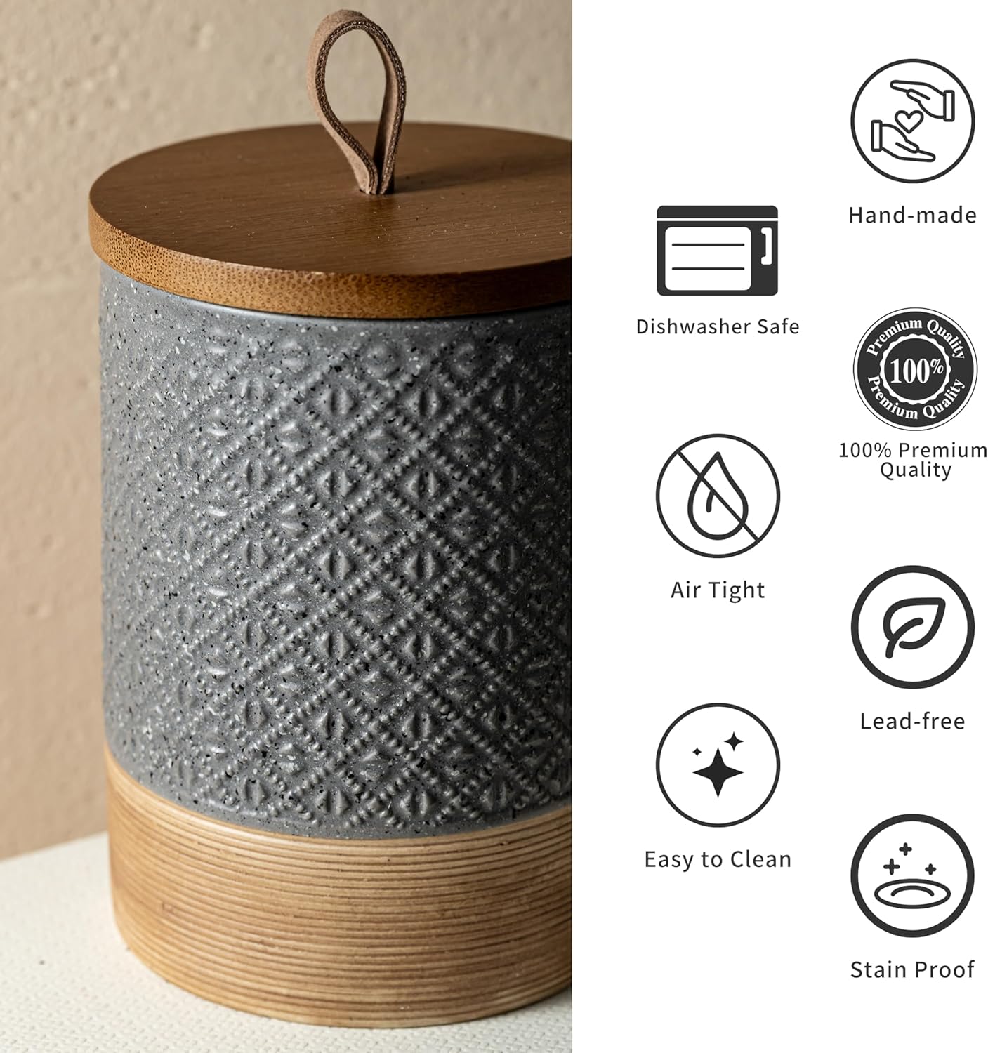 Large Food Storage Jar Coffee Container with Lids, Ceramic Coffee Canister for Sugar Spice Cookie Ground Coffee - Kitchen Pantry, Housewarming Weeding Gift - Gray & 64 fl.oz