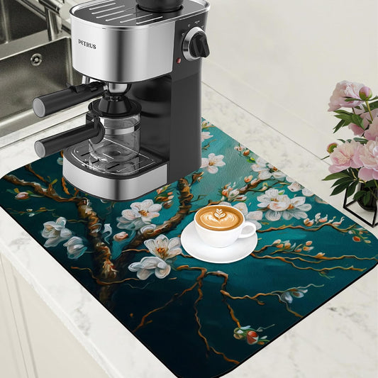 Blossoming Almond Tree Dish Drying Mat for Kitchen Counter Bar Mat Hide Stain Absorbent Rubber Backed Coffee Mat Coffee Maker Espresso Machine Bar Accessories 15.7 x 23.6 Inch