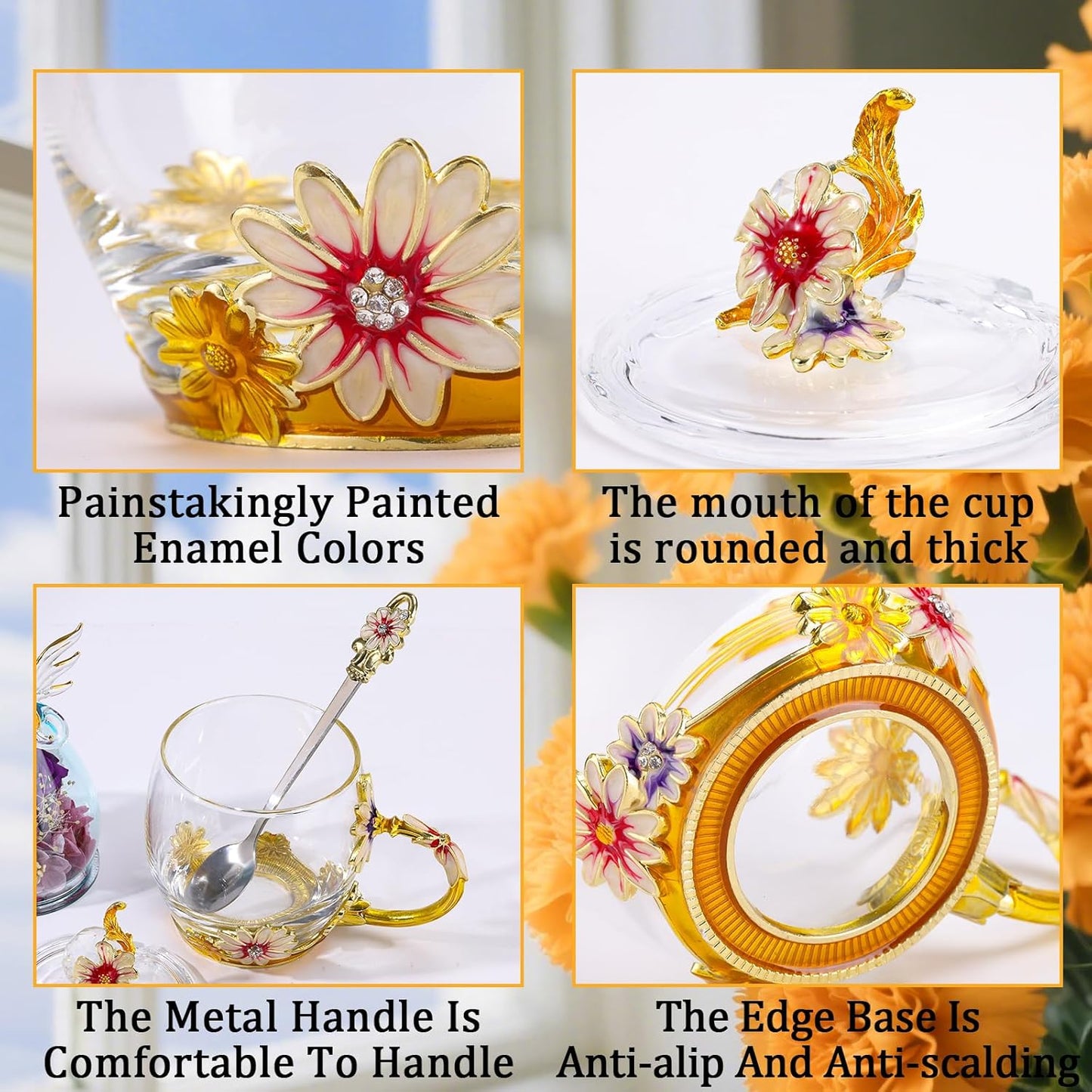 ANLUNOB Preserved Flower Rose in Angle Tea Coffee Mug with Spoon Artisan Enamel Glass Tea Cup Elegant Floral Design Birthday Anniversary Mother Day Valentines Gifts for women mom grandma friends