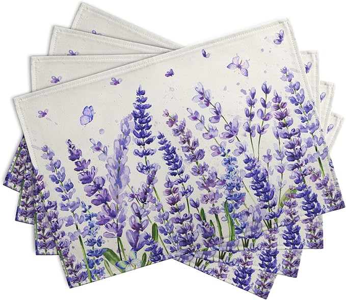 Lavender Placemats Set of 4 Purple Flower Butterfly Linen Fabric Table Mats Seasonal Spring Summer Rustic Floral Placemat Farmhouse Decorative Washable Place Mats for Home Kitchen Dining Table