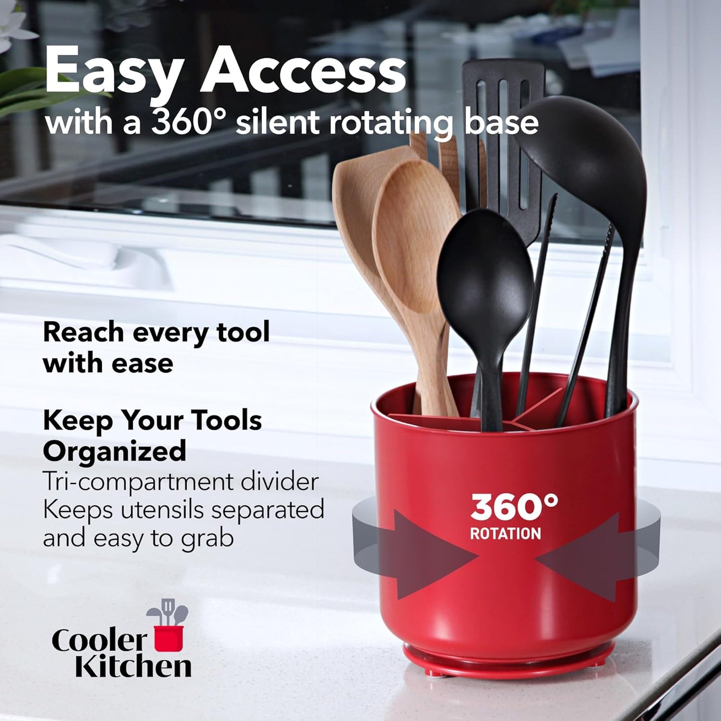 Extra Large Rotating Red Utensil Holder with Sturdy No-Tip Weighted Base, Removable Divider, and Gripped Insert | Rust Proof and Dishwasher Safe Kitchen Utensils Holder by Cooler Kitchen 7*7 Inches
