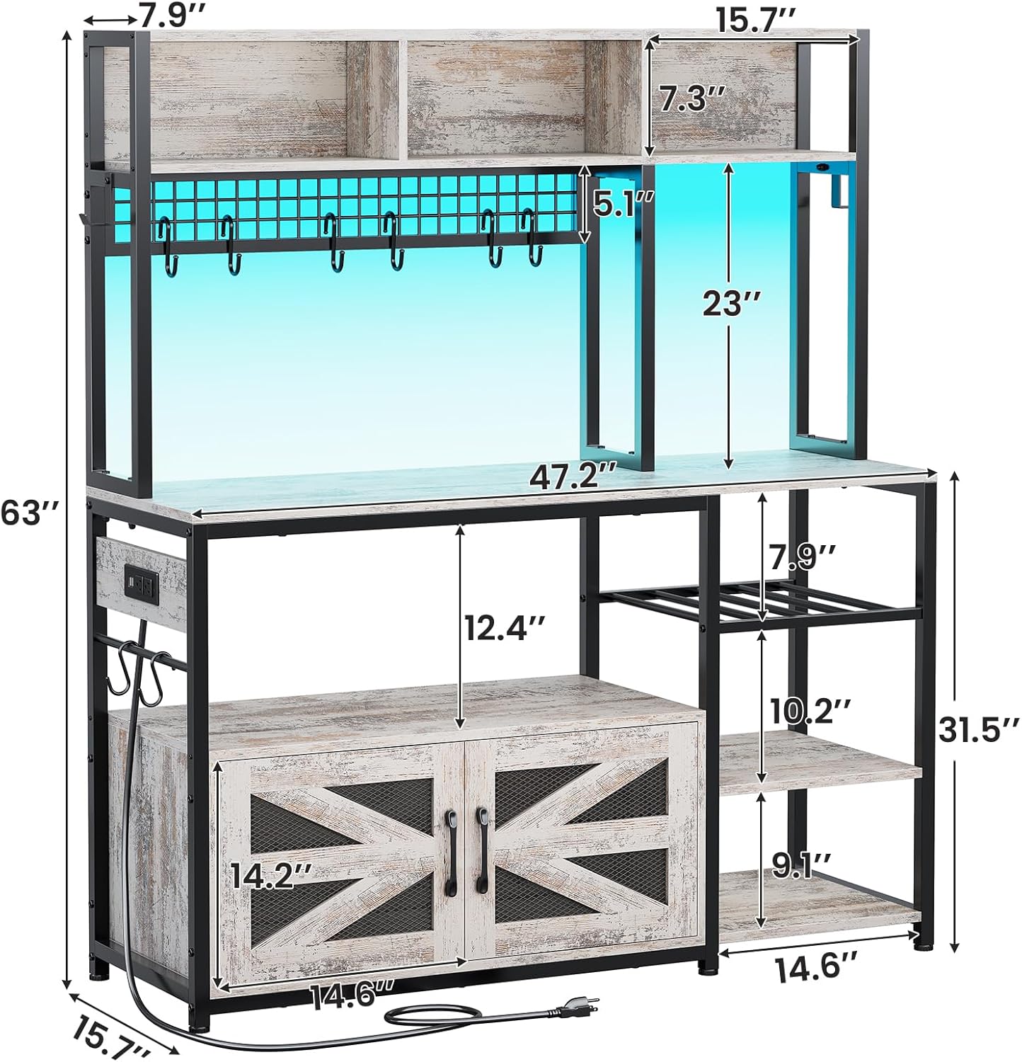 Itaar 47.2 Inch Bakers Rack with Power Outlet, Microwave Stand with Storage, Farmhouse Coffee Bar Cabinet Station with Wine Rack, Iron Mesh and 8-S Hooks, Vintage White