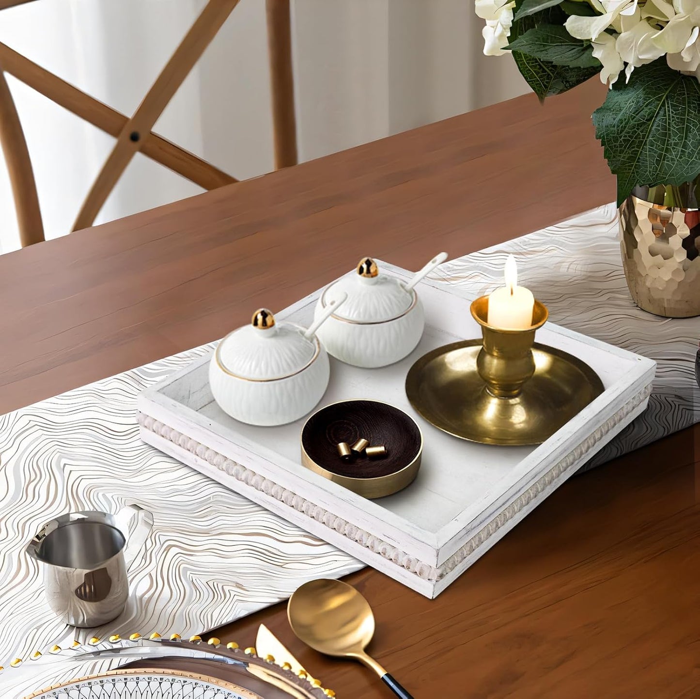 MAONAME Wood Serving Tray, Farmhouse Wooden Tray for Coffee Table, Rustic Square Trays with Beads, Vintage White Decorative Trays for Living Room, Kitchen, 12" X 12" X 1.6"