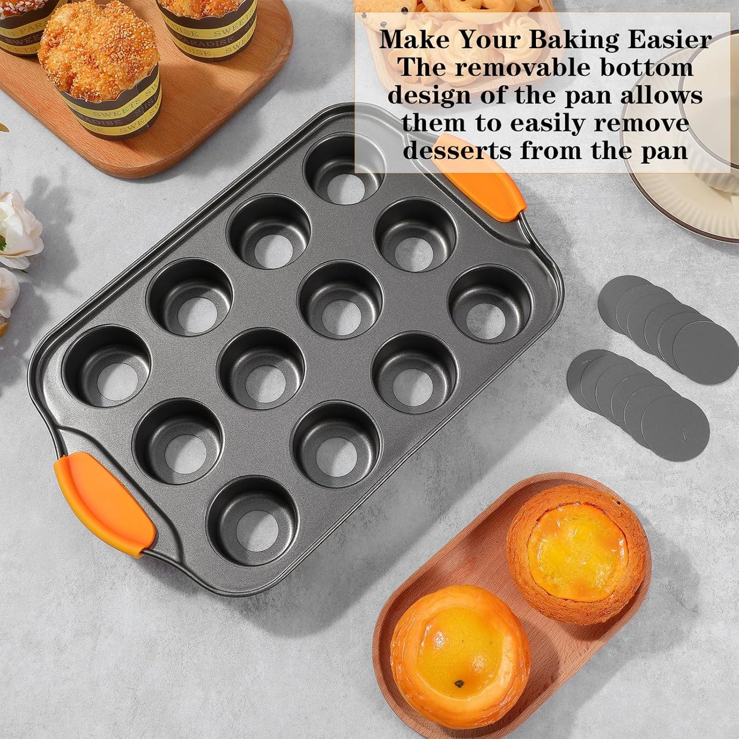 2Pack Mini Cheesecake Pans Removable Bottom Mini Cupcake Pans, 12 Cavity Minii Cheesecake Molds with Silicone Handle Nonslip Muffin Pan Baking Supplies