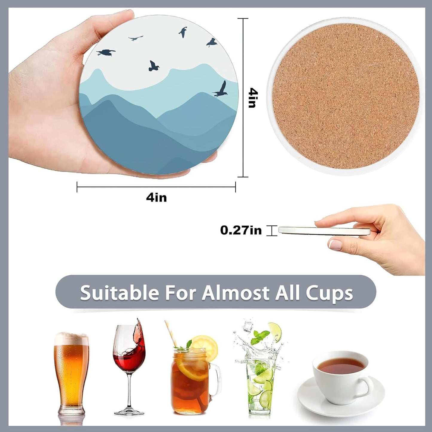 Drink Coasters Set of 6 with Holder,Misty Forest Mountains and Birds Absorbent Ceramic Coasters with Cork Base,Fit All Cups,Tabletop Protection Mat for Mugs and Cups,Office,Kitchen