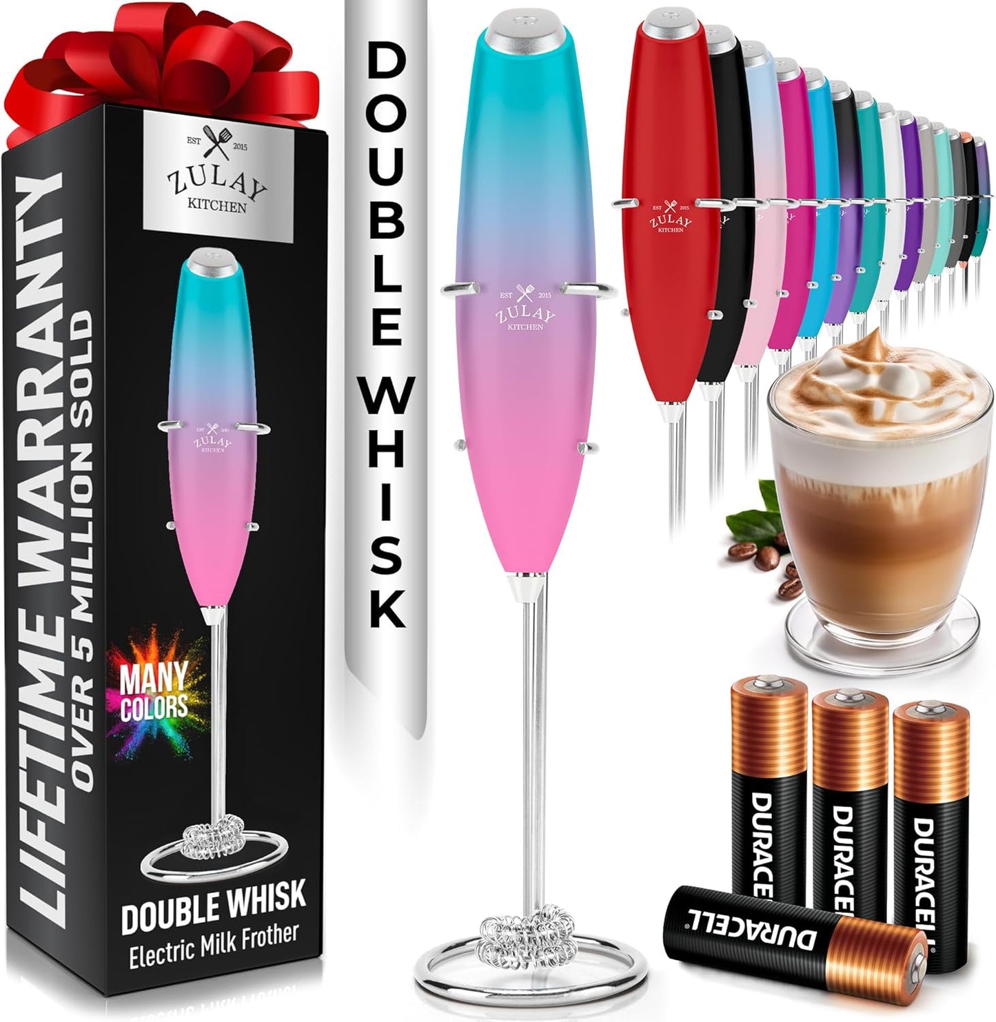 Zulay Kitchen Whisk Milk Frother with 4 Duracell Batteries - Powerful Handheld Foam Maker for Coffee, Lattes, Matcha, Hot Chocolate & Cappuccinos - Whip Creamy Froth in Seconds