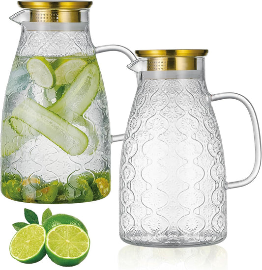 Glass Pitcher with Lid and Handle, 2 PACK 68 oz/2 Liter Vintage Flower Design Fridge Water Pitcher, Borosilicate Glass Water Carafe for Hot/Cold Water,Coffee,Iced Sun Tea,Heat Resistant