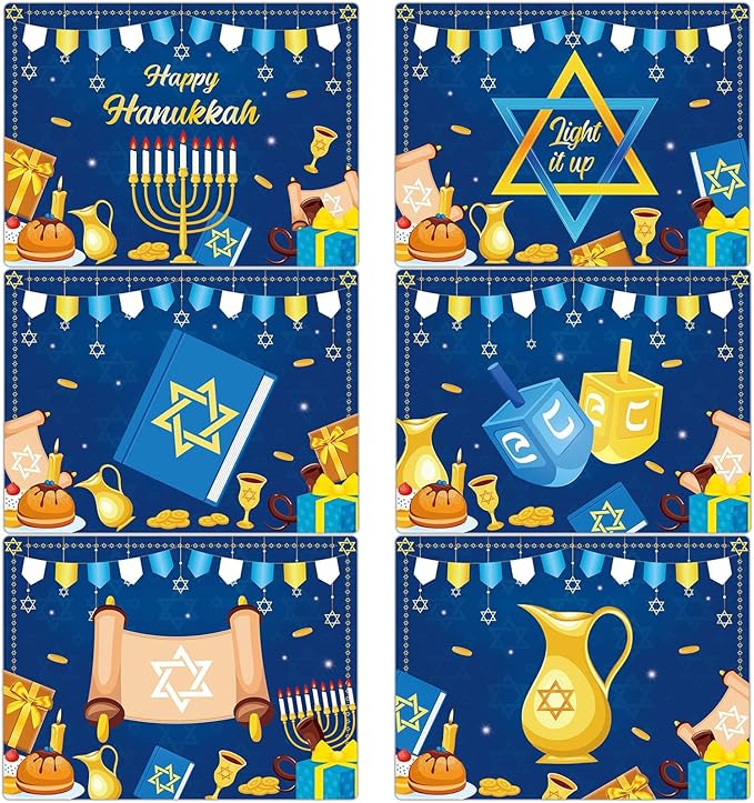 Hanukkah Placemats Set of 6 Festival of Lights Table Mats Plastic Passover Recyclable Place Mats Washable Holiday Table Decoration for Indoor Outdoor Hanukkah Party Kitchen Dining