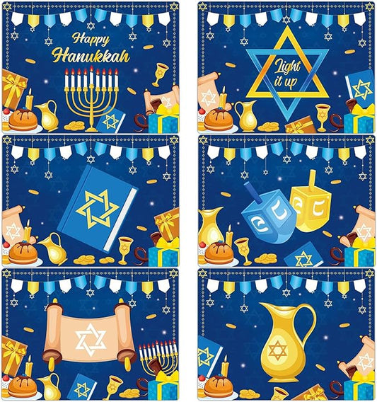 Hanukkah Placemats Set of 6 Festival of Lights Table Mats Plastic Passover Recyclable Place Mats Washable Holiday Table Decoration for Indoor Outdoor Hanukkah Party Kitchen Dining