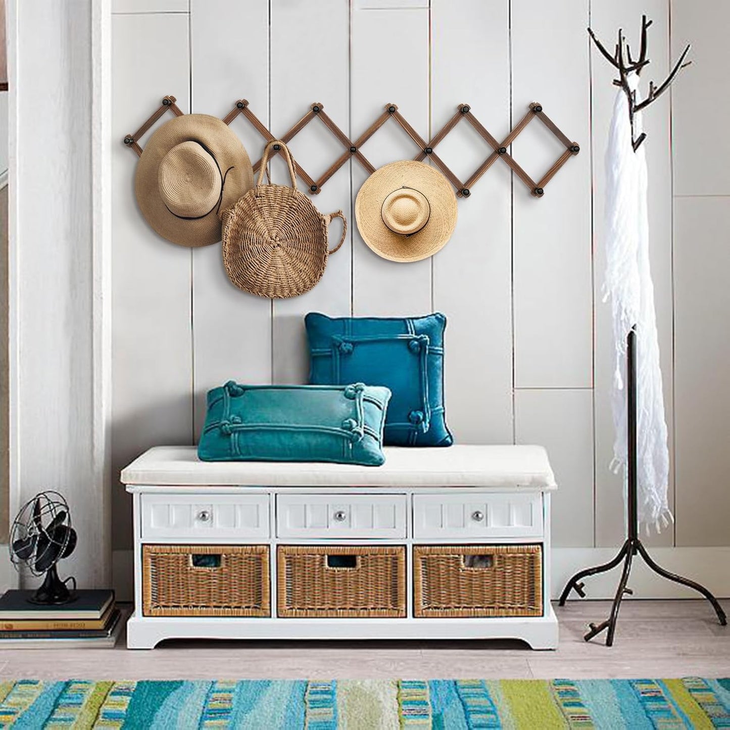 WGFKVAS Expandable Coat Rack, Accordion Wall Hangers, 19 Hooks Wooden Hat Rack Wall Mounted, Hat Hooks for Keys, Coffee Mug, Coats