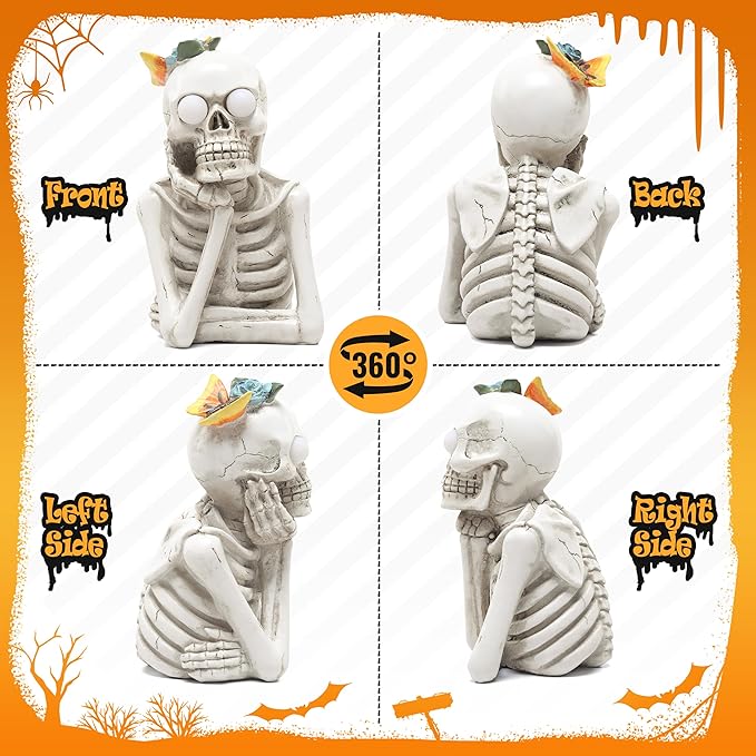 Halloween Skeleton Light Statue, Scary Resin Skull Figurines with Light Up Eyes Decorations for Home Table Kitchen Party Battery Operated Skull Lighting Changes Decor