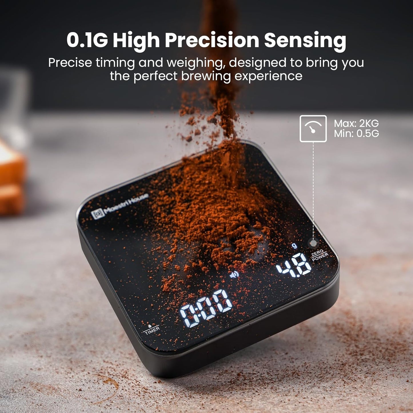 Rechargeable Mini Coffee Scale with Timer, Maestri House Espresso Scale, 2kg/0.1g Accurate Scale for Espresso and Pour-Over Coffee, Portable Digital Kitchen Scale with Automatic Timing（Black）