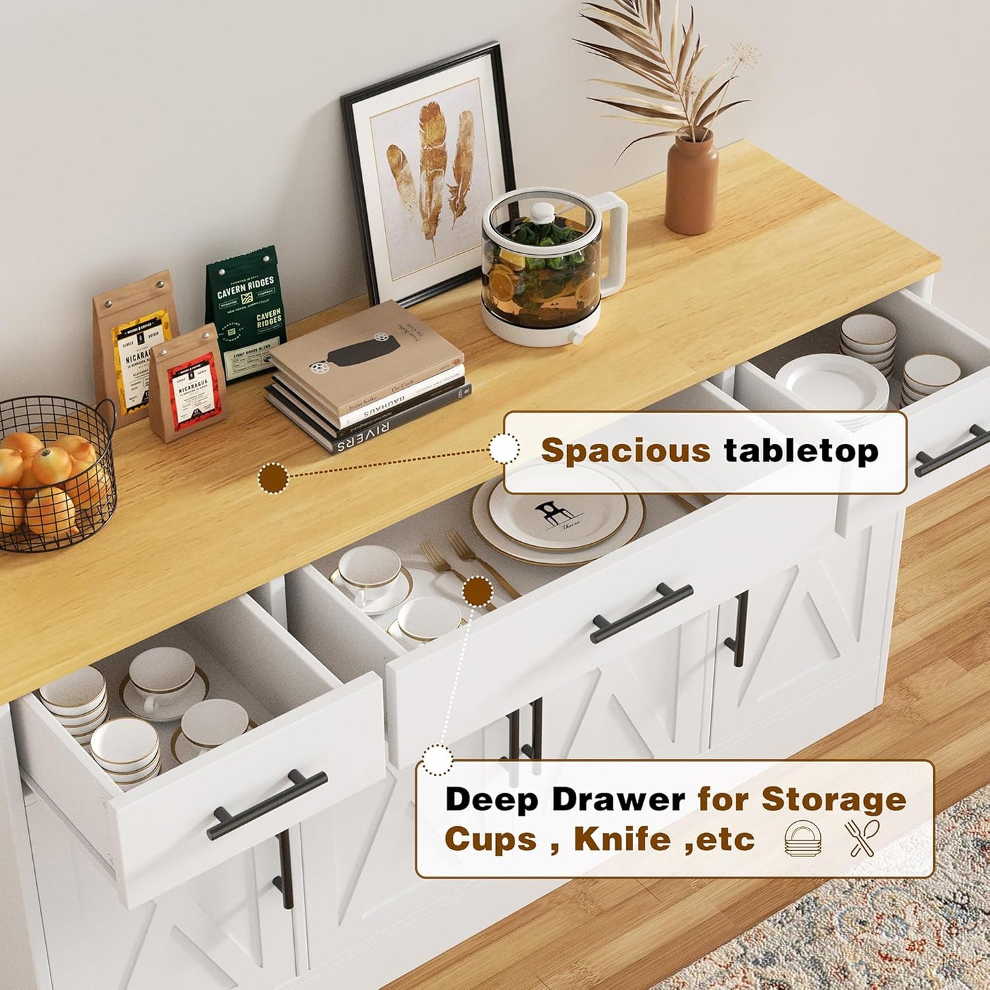 Vongrasig 53' Large Sideboard Cabinet with 4 Doors and 3 Drawers, Farmhouse Buffet Table Coffee Bar Kitchen Storage Cabinet, Wood Buffet Table for Kitchen, Dining Room, White