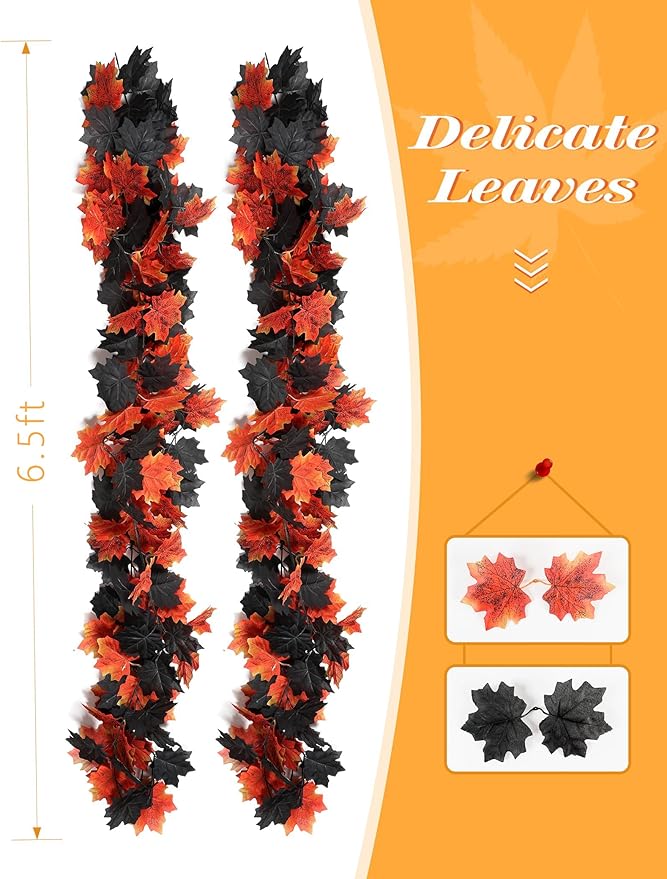 Joyhalo 5 Pack Fall Garland, Halloween Leaves Garland, Black Outdoor Leaf Vine for Mantle, Door Frame,Fireplace and Thanksgiving Decor