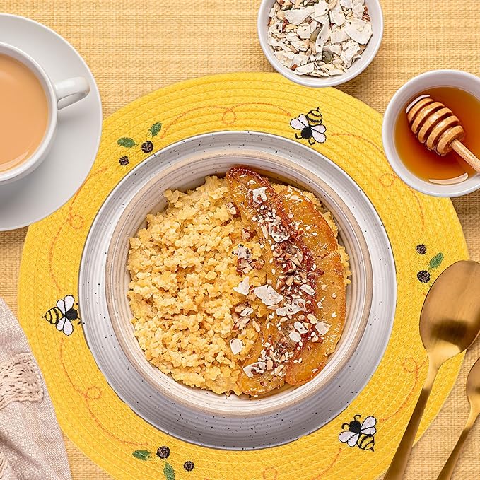 Whaline 4Pcs Round Placemats Bee Sunflower Embroidered Place Mats Bee Floral Dinner Table Mats for Home Spring Summer Holiday Birthday Baby Shower Party Decor