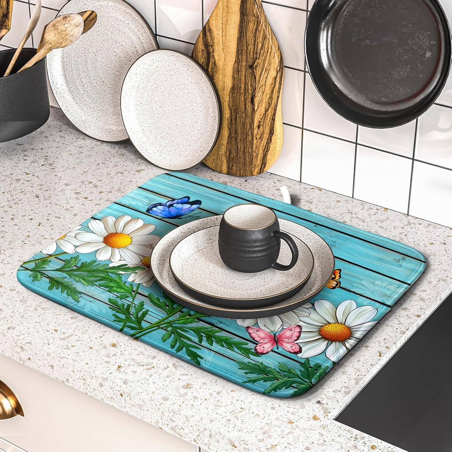 Spring Daisy Floral Dish Drying Mat for Kitchen Counter 16x18in Turquoise Daisy Old Wooden Board Kitchen Mat Absorbent Reversible Microfiber Dishes Pad Fast Drying Dish Drainer Mats for Countertop