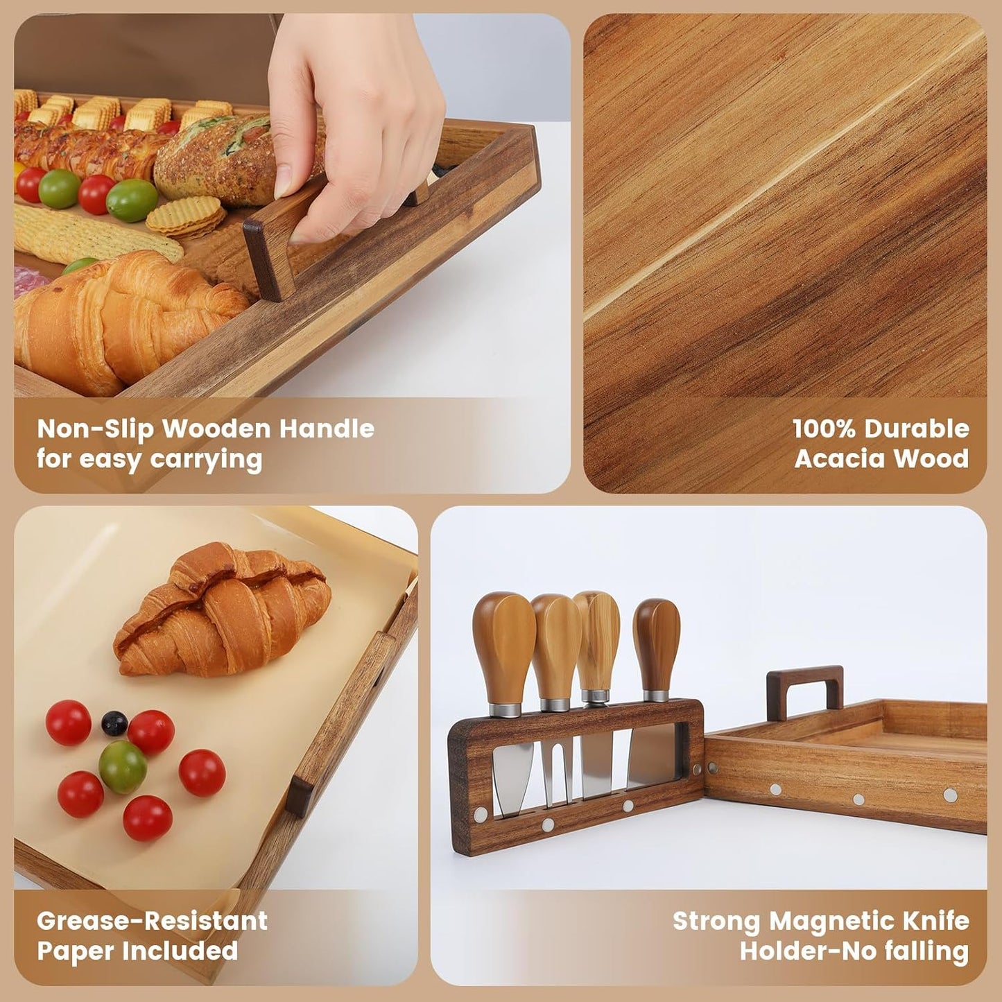 Large Charcuterie Board with Cheese Knife Set,36 x 12 Inch Acacia Wood Large Serving Tray with Handles,Long Wooden Serving Board with 30Pcs Wax Paper,3ft Extra Long Cheese Board