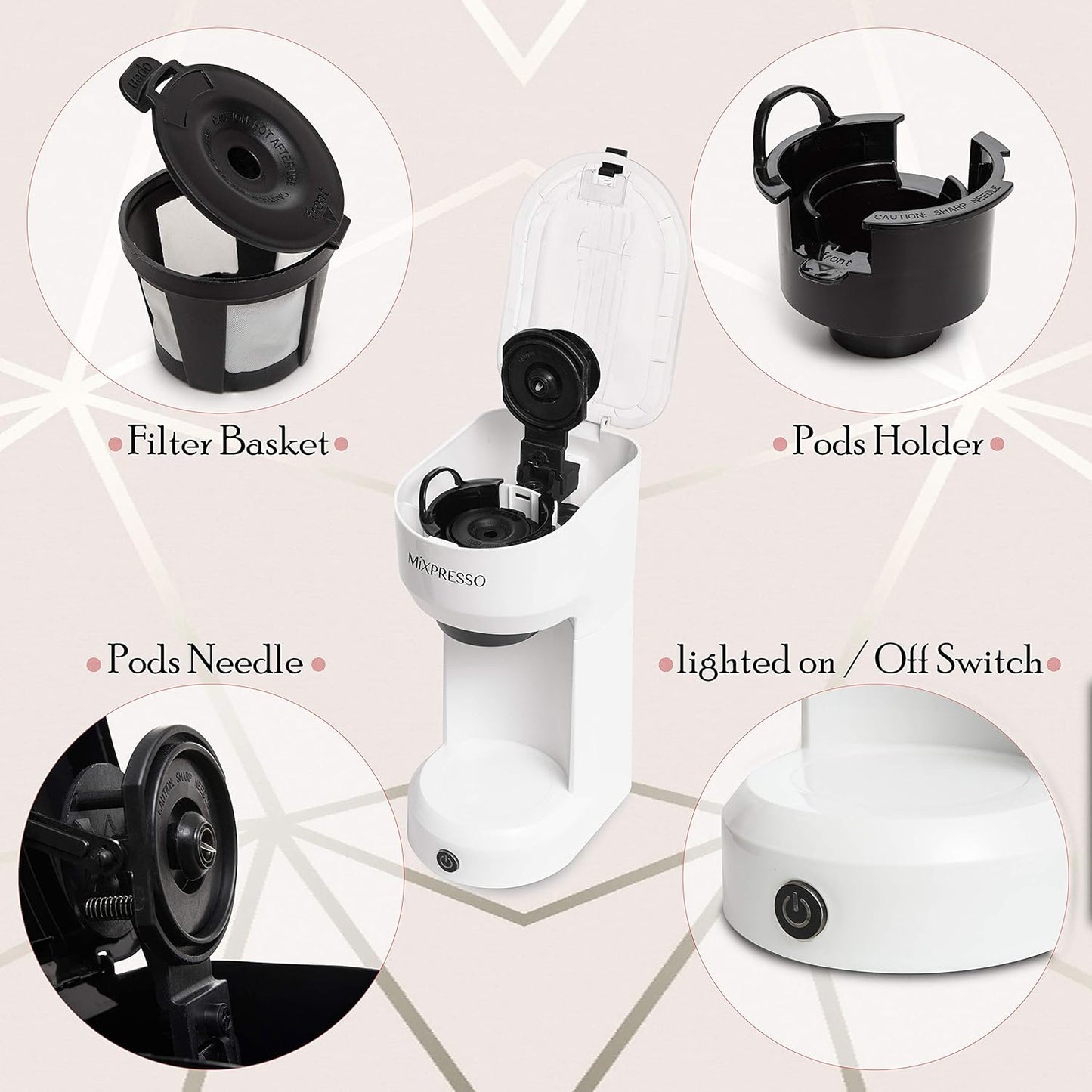 Mixpresso 2 in 1 Brewer Single Serve Coffee Maker for K Capsule and Ground Coffee, Single Cup Coffee Machine, Compact Size Mini Coffee Maker Quick Brew Technology 14oz White One Cup Coffee Brewer